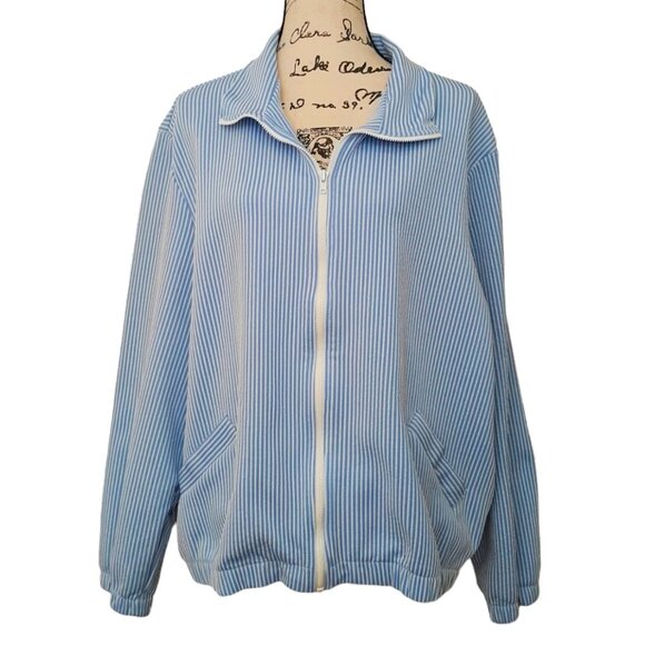 Village Fair Women's Jacket Vintage Full Zip Striped Pockets Blue Seersucker 3X - Picture 1 of 5